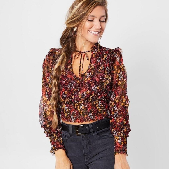 NWOT Free People Twyla Smocked Floral Mesh Top, Size Petite Small - Picture 2 of 14